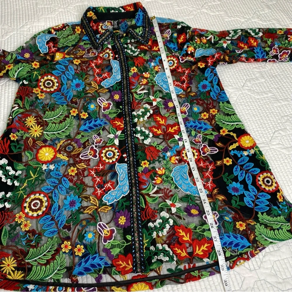 BEREK Petite L Floral Embroidered Black Mesh Button Down Shirt Blouse *flaw - Picture 7 of 14